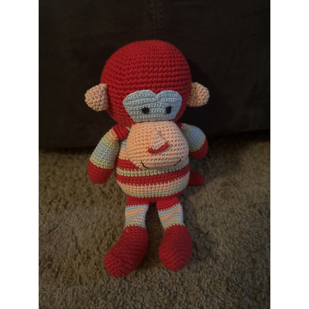 Vintage World Market‎ Crocheted Red Striped Plush Monkey Unique Toy Collectors